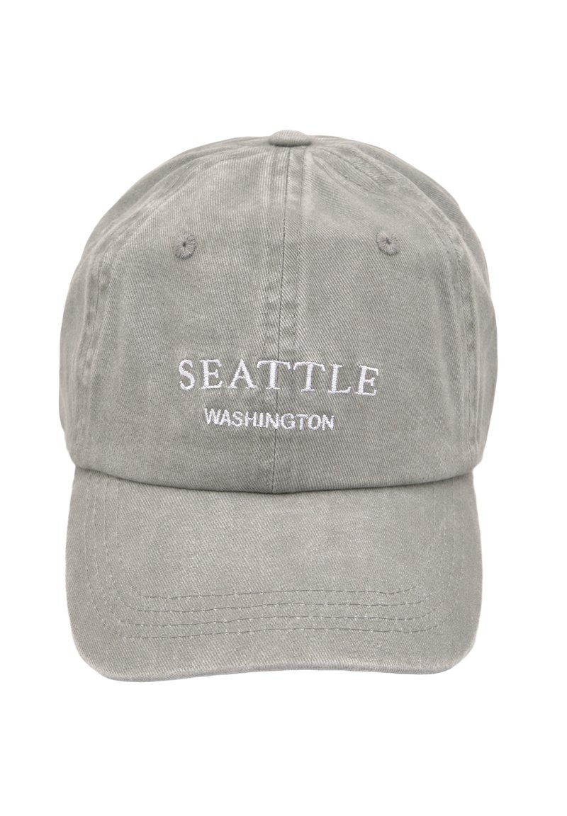 Grijze katoenen pet met geborduurde "SEATTLE" en "WASHINGTON" in het wit. Ontworpen met een gebogen rand en een verstelbare riem aan de achterkant.