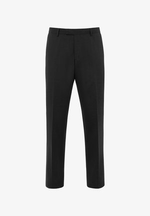 Zwarte op maat gemaakte broek van een gladde stof. Heeft een platte voorkant, riemlussen en rechte benen voor een klassieke pasvorm.