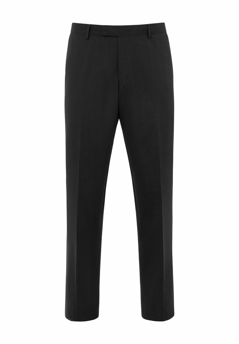 Schwarze maßgeschneiderte Hosen aus einem glatten Stoff. Mit flachem Vorderteil, Gürtelschlaufen und geraden Beinen für eine klassische Passform.