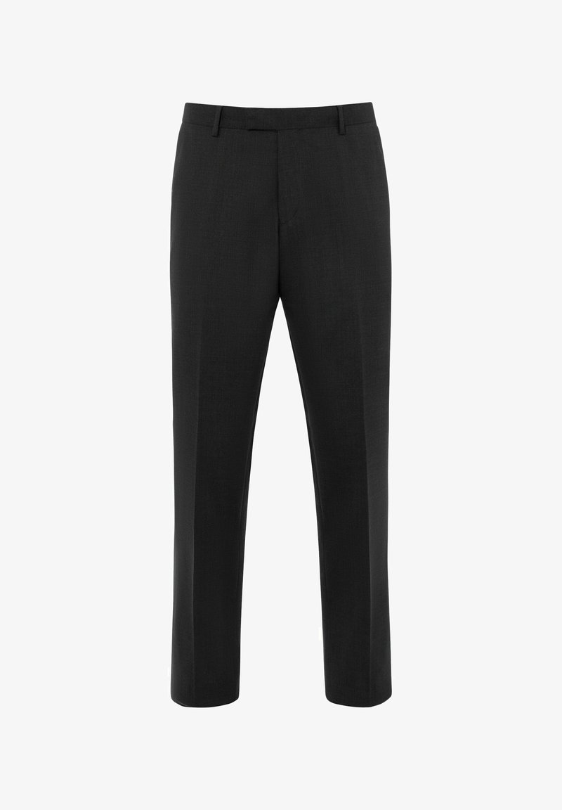 Schwarze maßgeschneiderte Hosen aus einem glatten Stoff. Mit flachem Vorderteil, Gürtelschlaufen und geraden Beinen für eine klassische Passform.