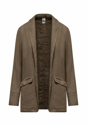 Bruine linnen blazer met open voorkant, lange mouwen en twee klepzakken aan de voorkant, afgebeeld tegen een witte achtergrond.