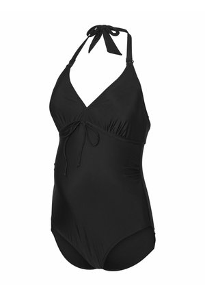 Must mustriga ujumiskleit, millel on kaeluse konstruktsioon, sügav V-kaelus, kokku rippuv kehakujundus ja reguleeritavad sidemed kohandatud sobivuse jaoks. Sile ja veniv kangas.