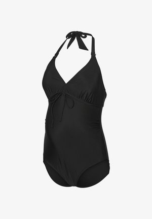 Must mustriga ujumiskleit, millel on kaeluse konstruktsioon, sügav V-kaelus, kokku rippuv kehakujundus ja reguleeritavad sidemed kohandatud sobivuse jaoks. Sile ja veniv kangas.