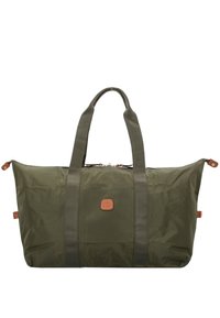 Borsa da viaggio verde in nylon con dettagli in cuoio beige, duali cinghie in tessuto e chiusura con zip. Texture liscia e design spazioso.