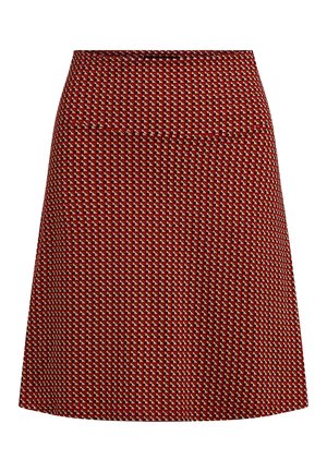 Red A-line skirt with a textured geometric pattern in cream and black, featuring a smooth waistband and a flared hemline.