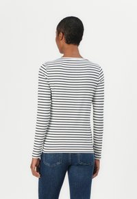 Haut à manches longues en tricot avec des rayures horizontales bleu marine et blanches, encolure ronde et design ajusté, associé à un jean en denim bleu foncé.