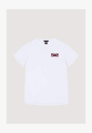 Maglietta bianca a maniche corte con scollo rotondo e piccolo quadrato con logo "Colmar" bordeaux e bianco sul petto a sinistra.