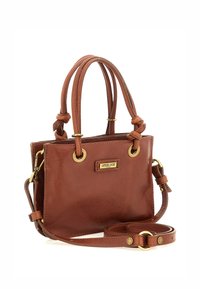 Borsa a mano in pelle marrone con design strutturato, doppi manici superiori, tracolla staccabile, accessori in tono dorato e dettaglio con logo.