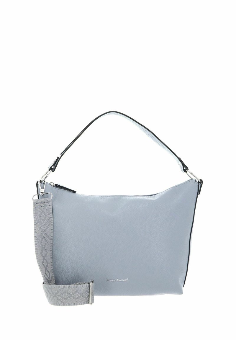 Sac à main texturé gris avec un contraste noir et une bandoulière grise à motif. Il est doté d'une fermeture à glissière et d'un accent métallique avec logo.