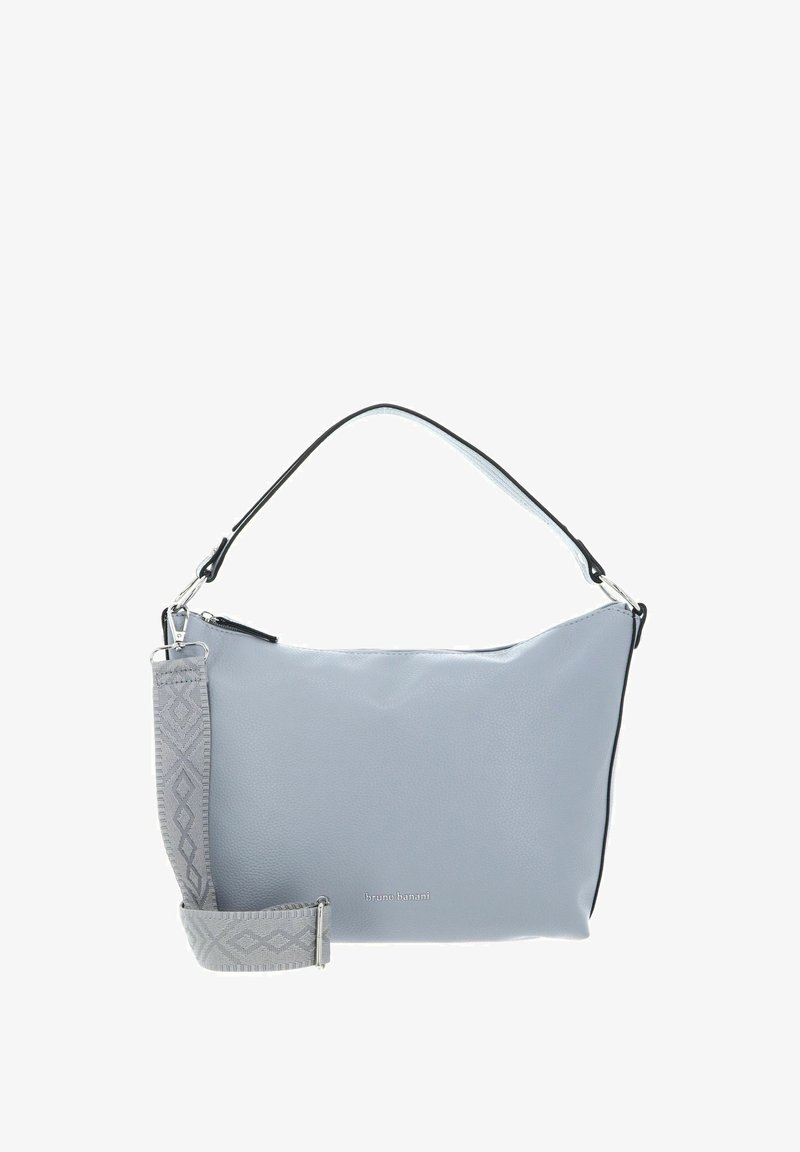 Sac à main texturé gris avec un contraste noir et une bandoulière grise à motif. Il est doté d'une fermeture à glissière et d'un accent métallique avec logo.