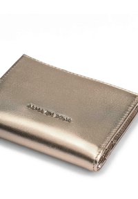 Metallic gold wallet made of textured synthetic material, featuring a flat shape and embossed logo on the front.