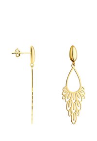 Ohrringe in Goldoptik mit einem Tropfen-Design, ausgestattet mit einem eleganten oberen Stecker und einem gemusterten Anhänger, der komplexe Ausschnitte und eine polierte Oberfläche zeigt.