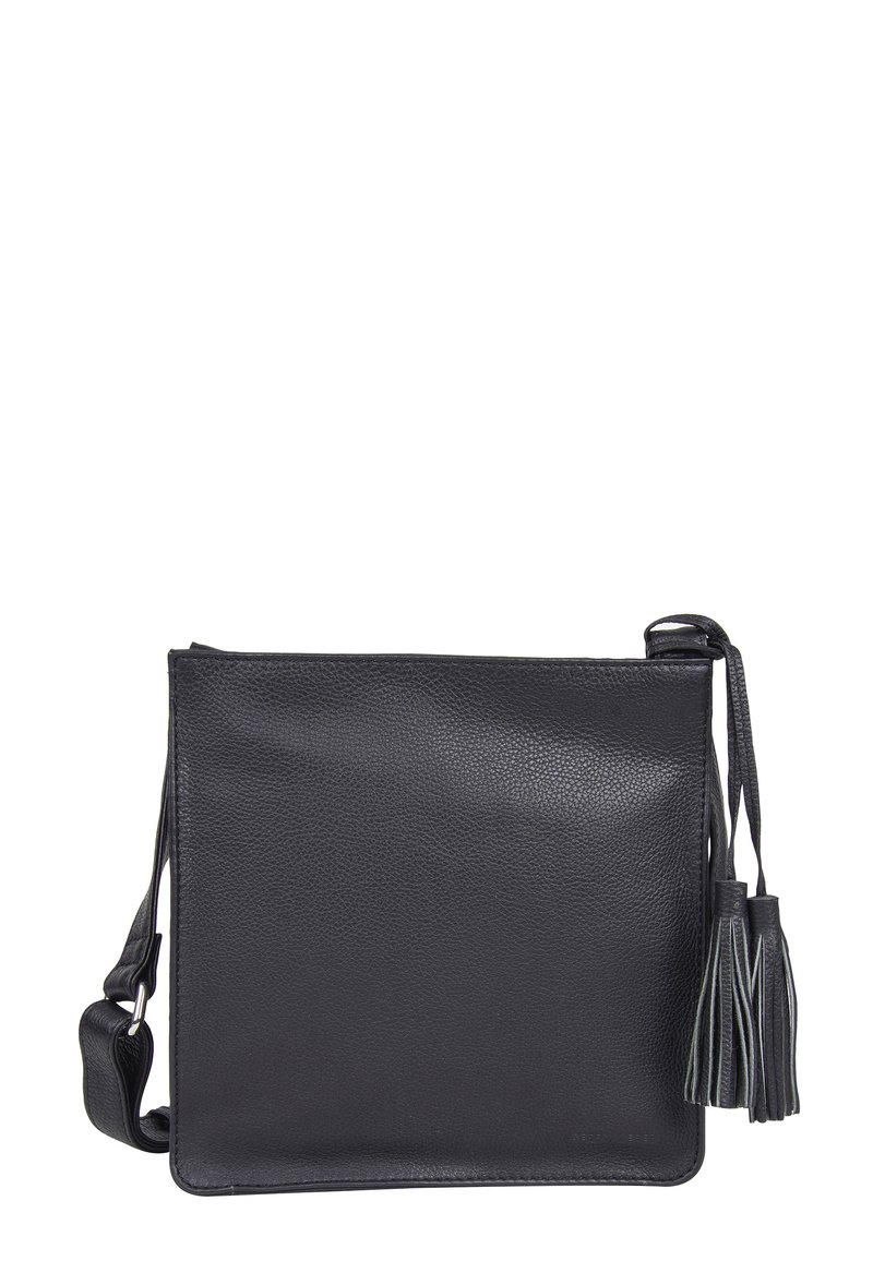 Borsa a tracolla in pelle nera con texture liscia, forma quadrata e un pon-pon decorativo sul lato. Dotata di una tracolla regolabile.