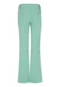 Mintgroene, uitlopende broek gemaakt van een soepele, lichte stof. Heeft een tailleband met lussen voor een riem en zijzakken voor praktisch gebruik.