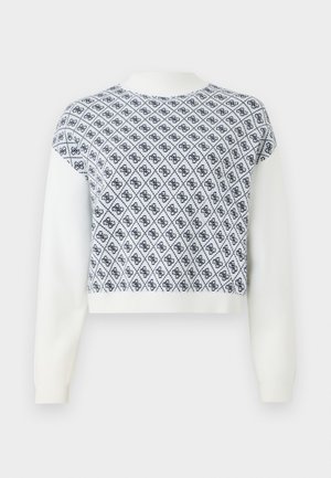 Maglione bianco a maniche lunghe con sovrapposizione corta e con motivo che presenta una griglia a diamante e un design monogramma blu scuro.