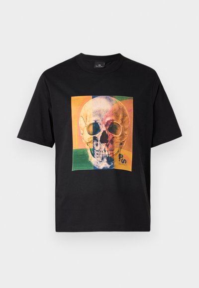 Black cotton t-shirt featuring a colorful skull graphic on the front. The design includes orange, green, and blue accents around the skull.