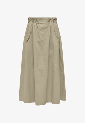 Beige Baumwoll-Midikleid mit einem gerafften Bund, Kordelzugverschluss und zwei seitlichen Taschen, das eine lässige A-Linien-Silhouette bietet.