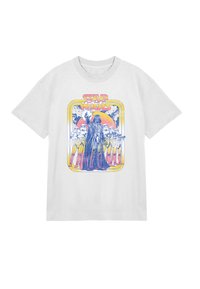 Hvid bomulds T-shirt med et grafisk print af en karakter omgivet af figurer, med "Star Wars" tekst i gule og pink farver.