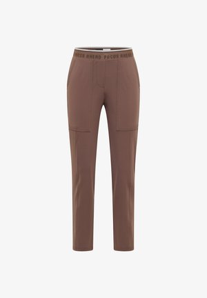 Pantalon de sport marron à coupe ajustée, taille élastique avec l'inscription "FOCUS AHEAD" et deux poches avant. Tissu lisse et flexible.