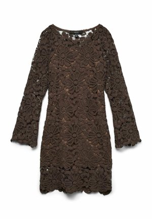Robe marron à manches longues avec un motif en dentelle crochetée florale et des bords festonnés, dotée d'une doublure intérieure et d'un col rond.