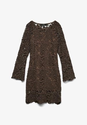 Robe marron à manches longues avec un motif en dentelle crochetée florale et des bords festonnés, dotée d'une doublure intérieure et d'un col rond.