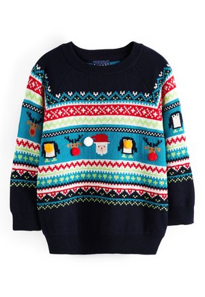 Dziecięcy granatowy sweter świąteczny z kolorowymi wzorzystymi paskami, reniferami, twarzą Świętego Mikołaja i pingwinami z nosami i głowami ozdobionymi pomponami.