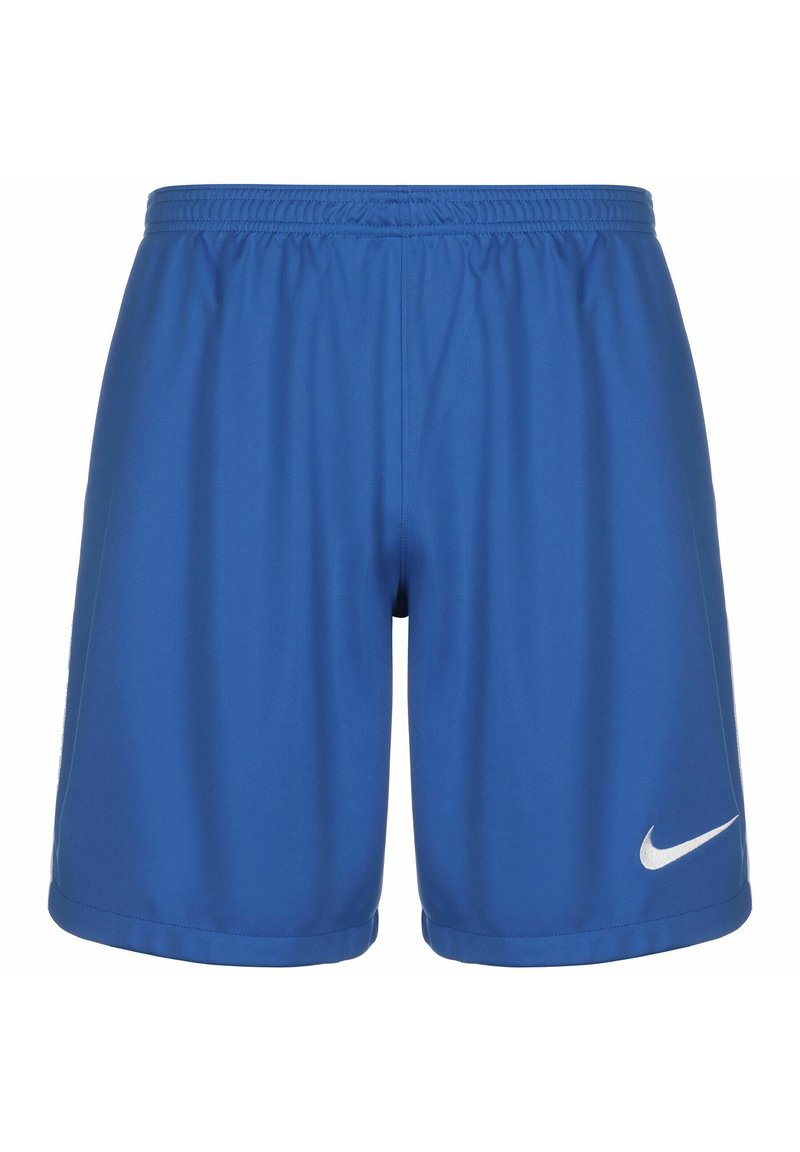 Blaue Sportshorts aus leichtem Stoff, mit einem elastischen Bund und einem weißen Nike-Logo auf der unteren rechten Seite.