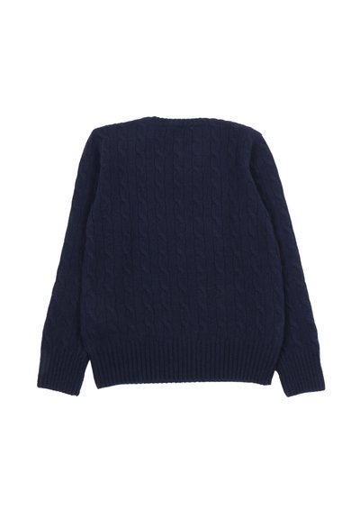 Maglione blu navy a treccia con collo rotondo e polsini a costine. Presenta un motivo testurizzato su tutta la superficie e una vestibilità comoda.