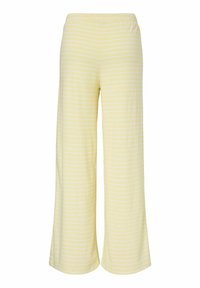 Losse broek in lichtgeel met horizontale witte strepen. Gemaakt van zachte stof met een elastische tailleband voor comfort.