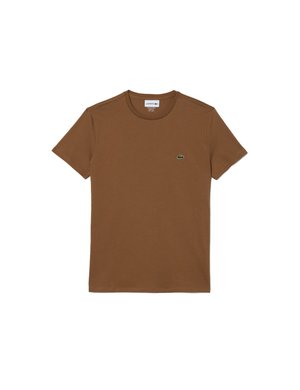 T-shirt marrone a maniche corte con girocollo e piccolo logo verde a forma di coccodrillo sul petto sinistro.