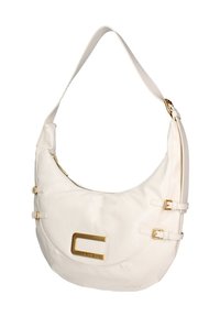 Borsa hobo in pelle bianca con una forma curvata, dettagli in hardware dorato e tracolla regolabile. Presenta dettagli con fibbia e un logo.