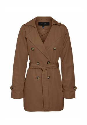 Bruine dubbelgeknoopte trenchcoat met brede revers, taille met ceintuur, mouwen met knopen en voorzakken.