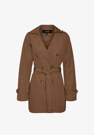 Bruine dubbelgeknoopte trenchcoat met brede revers, taille met ceintuur, mouwen met knopen en voorzakken.