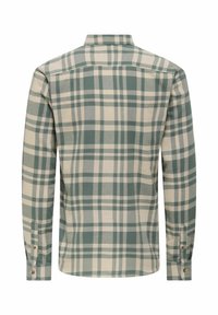 Camisa de cuadros de manga larga en tonos beiges y verdes, con cuello y puños abotonados, elaborada en una suave y texturizada tela.