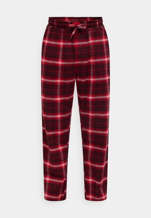 Pantaloni a quadri rossi e neri con vita elastica e coulisse. Presentano una texture morbida e un design a gamba dritta con linee orizzontali e verticali.