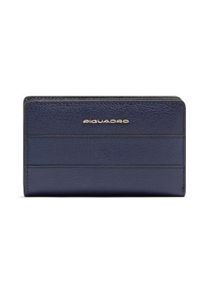 Porta carte in pelle blu navy con cuciture orizzontali e logo Piquadro dorato centrato sul davanti.