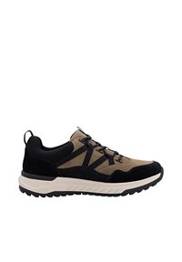 Scarpe sportive con una combinazione di suede nero e tessuto khaki, lacci neri e una suola testurizzata e resistente di colore bianco sporco.