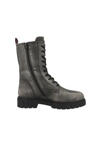 Bottes de combat en cuir gris avec un bout rond, une fermeture éclair sur le côté et des lacets noirs. Elles présentent une finition texturée et une semelle en caoutchouc épaisse.