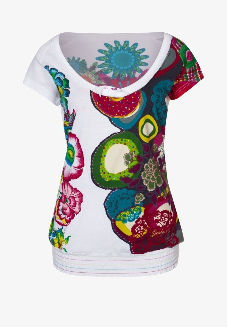 White short-sleeve T-shirt with a large floral design in vibrant colors. Features a deep scoop neckline and textured accents at the hem.