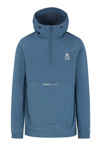Blauer Pullover-Jacke mit hohem Kragen, halbem Reißverschluss an der Vorderseite und elastischen Bündchen. Verfügt über eine Vordertasche und ein Branding auf der Brust und am unteren Ende.