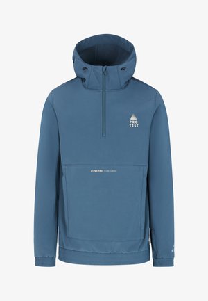 Plavi pulover jakna s visokim ovratnikom, polu-zip prednjim dijelom i elastičnim manžetama. Ima prednji džep i brendiranje na prsima i dnu.