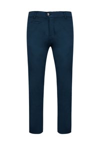 Navyblaue Chinos aus einem glatten, leicht strukturierten Stoff. Mit Knopfverschluss, Fronttaschen und schmal zulaufendem Bein.