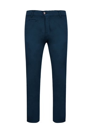 Marineblauwe chinos van een gladde, lichtjes gestructureerde stof. Voorzien van een knoopsluiting, voorzakken en een tapered leg ontwerp.