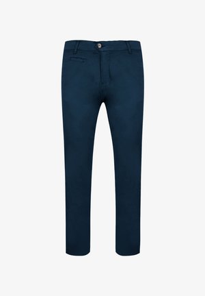 Chinos blu navy in tessuto liscio e leggermente strutturato. Presentano una chiusura con bottone, tasche frontali e un design a gamba affusolata.