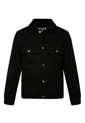 Chaqueta negra de mezcla de algodón, con cierre de botones en la parte delantera, dos bolsillos en el pecho con solapas y un cuello clásico. Textura suave.