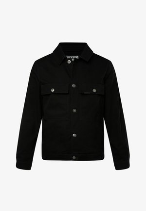 Zwarte jas van een katoenmix, met een knoopsluiting aan de voorkant, twee borstzakken met flappen en een klassieke kraag. Glad van textuur.