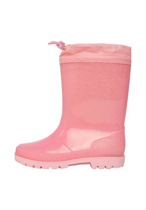 Stivale da pioggia in gomma rosa con una finitura lucida e scintillante. Presenta un bordo superiore morbido e a filo e una suola testurizzata per una migliore aderenza. Leggero e impermeabile.