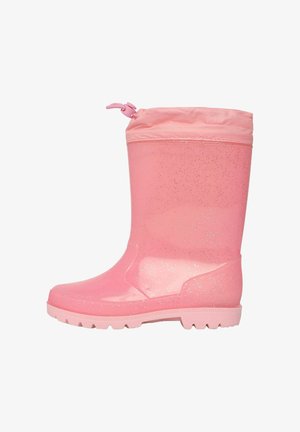 Stivale da pioggia in gomma rosa con una finitura lucida e scintillante. Presenta un bordo superiore morbido e a filo e una suola testurizzata per una migliore aderenza. Leggero e impermeabile.