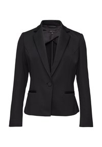 Blazer noir en tissu lisse. Comprend un revers cranté, une fermeture à un bouton, deux poches avant et des manches longues.
