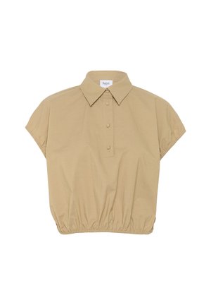 Beige Kurzarmhemd mit Kragen, Knopfleiste und elastischem Saum. Hergestellt aus weichem Stoff mit glatter Textur.